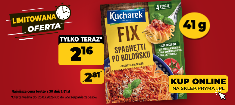 FIX Spaghetti po bolońsku Kucharek 41 g, teraz: 2,16 zł (przed obniżką: 2,81 zł). Tylko do 25.03.2026 lub wyczerpania zapas&oacute;w. Kup online.