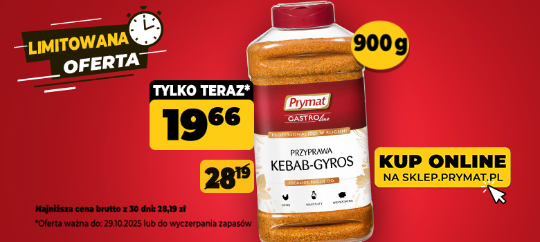 Przyprawa kebab–gyros Prymat GastroLine 900 g, teraz: 19,66 zł (przed obniżką: 28,19 zł). Tylko do 29.10.2025 lub wyczerpania zapasów. Kup online
