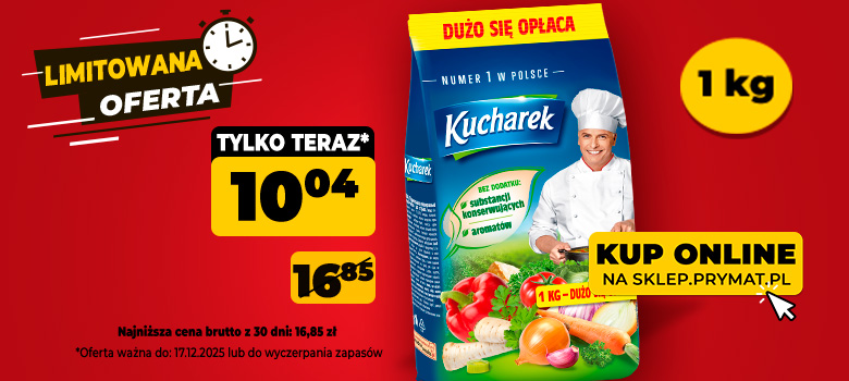 Przyprawa do potraw Kucharek 1 kg, teraz: 10,04 zł (przed obniżką: 16,85 zł). Tylko do 17.12.2025 lub wyczerpania zapasów. Kup online.