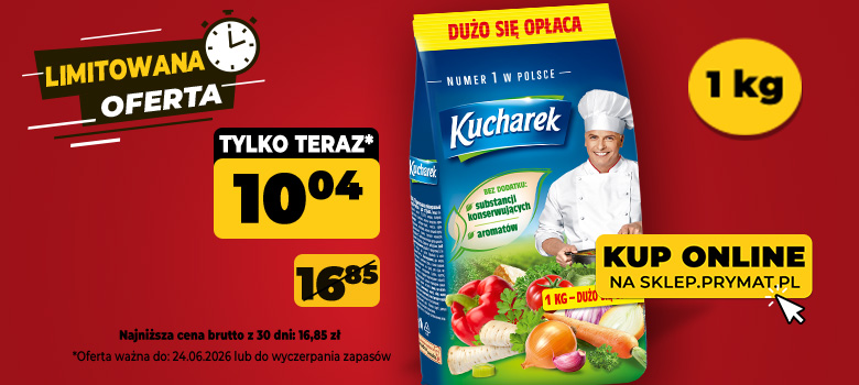 Przyprawa do potraw Kucharek 1 kg, teraz: 10,04 zł (przed obniżką: 16,85 zł). Tylko do 24.06.2026 lub wyczerpania zapasów. Kup online.