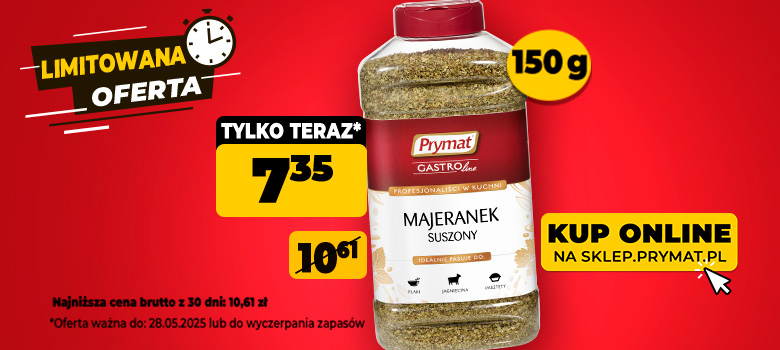 Majeranek suszony 150 g Prymat GastroLine, cena w promocji: 7,35 zł (przed obniżką: 10.61 zł. Oferta ważna do 28.05.2025