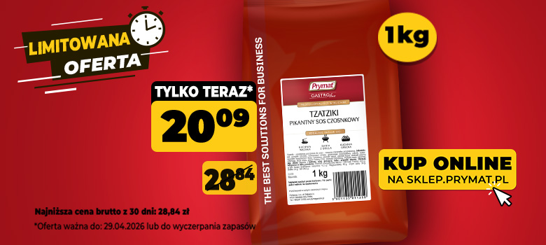 Tzatziki &ndash; pikantny sos czosnkowy Prymat GastroLine 1kg, teraz: 20,09 zł (przed obniżką: 28,84 zł). Tylko do 29.04.2026 lub wyczerpania zapas&oacute;w. Kup online.