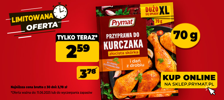 Przyprawa do kurczaka złocista skórka 70 g Prymat, w promocji: 2,59 zł (wcześniej: 3,78 zł). Tylko do 11.06.2025
