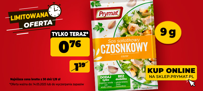 Sos sałatkowy czosnkowy teraz taniej - 0,76 zł (zamiast 1,19 zł). Tylko do 14.05