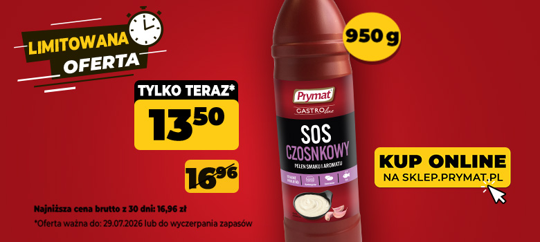 Sos czosnkowy Prymat GastroLine 950 g, teraz: 13,50 zł (przed obniżką: 16,96 zł). Tylko do 29.07.2026 lub wyczerpania zapasów. Kup online.