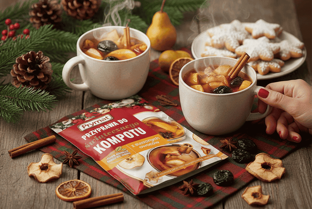 Kompot z suszu w kubeczkach z przyprawą Prymat. 