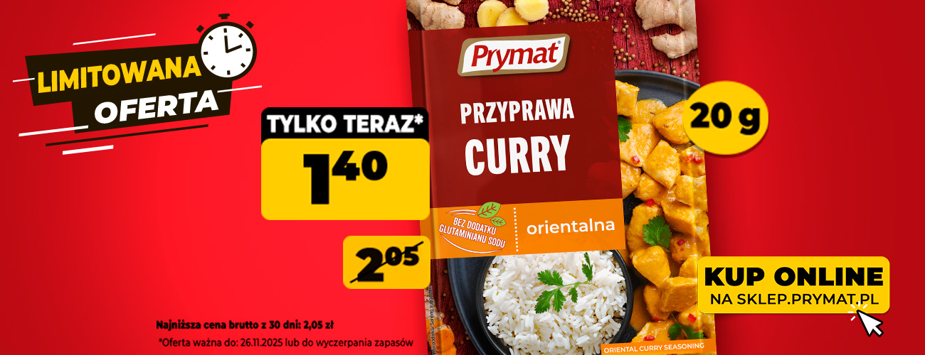 Przyprawa curry orientalna Prymat 20 g, teraz: 1,40 zł (przed obniżką: 2,05 zł). Tylko do 26.11.2025 lub wyczerpania zapas&oacute;w. Kup online.