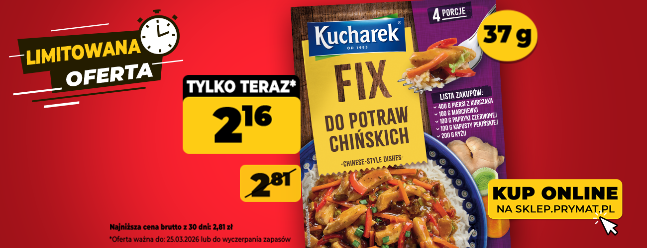 FIX do potraw chińskich Kucharek 37 g, teraz: 2,16 zł (przed obniżką: 2,81 zł). Tylko do 25.03.2026 lub wyczerpania zapas&oacute;w. Kup online.