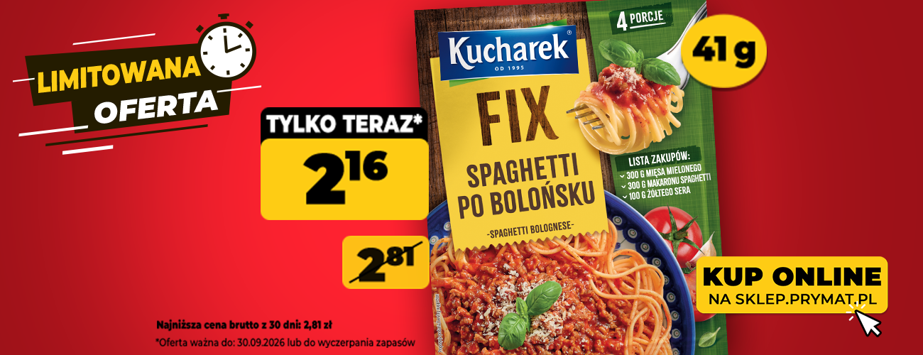 FIX Spaghetti po bolońsku Kucharek 41 g, teraz: 2,16 zł (przed obniżką: 2,81 zł). Tylko do 30.09.2026 lub wyczerpania zapasów. Kup online.
