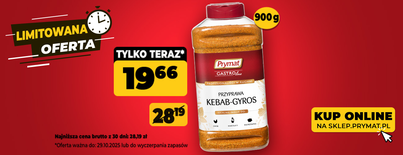 Przyprawa kebab–gyros Prymat GastroLine 900 g, teraz: 19,66 zł (przed obniżką: 28,19 zł). Tylko do 29.10.2025 lub wyczerpania zapasów. Kup online.