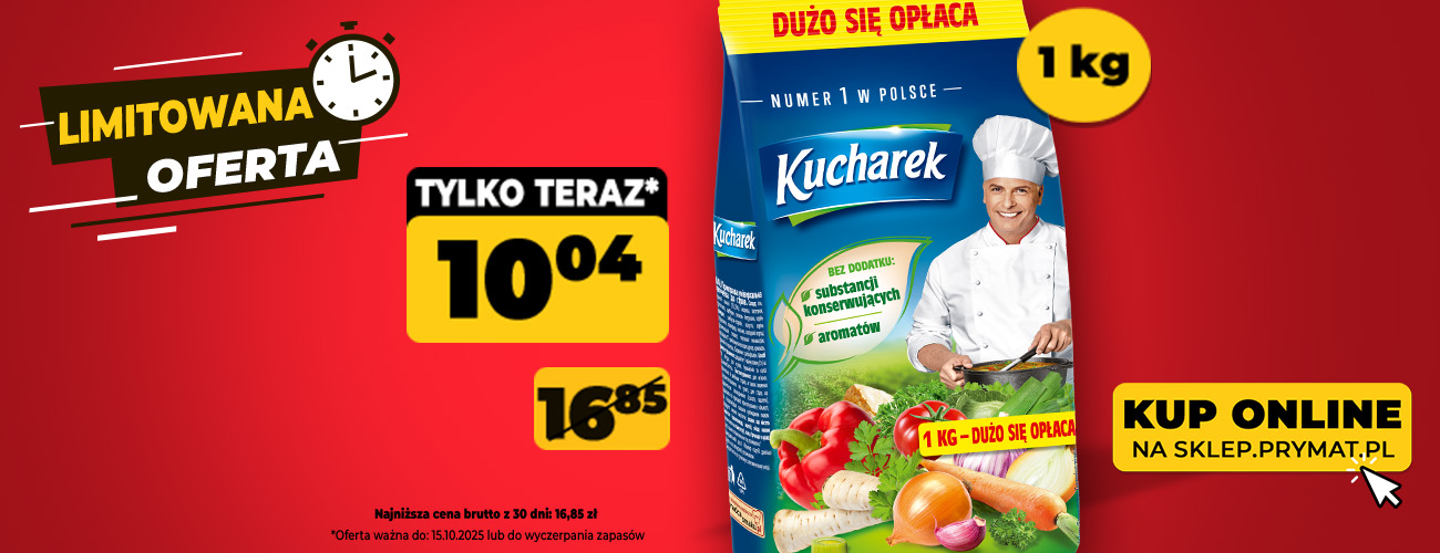   Przyprawa do potraw Kucharek 1 kg, teraz: 10,45 zł (przed obniżką: 16,85 zł). Tylko do 15.10.2025 lub wyczerpania zapasów. Kup online.