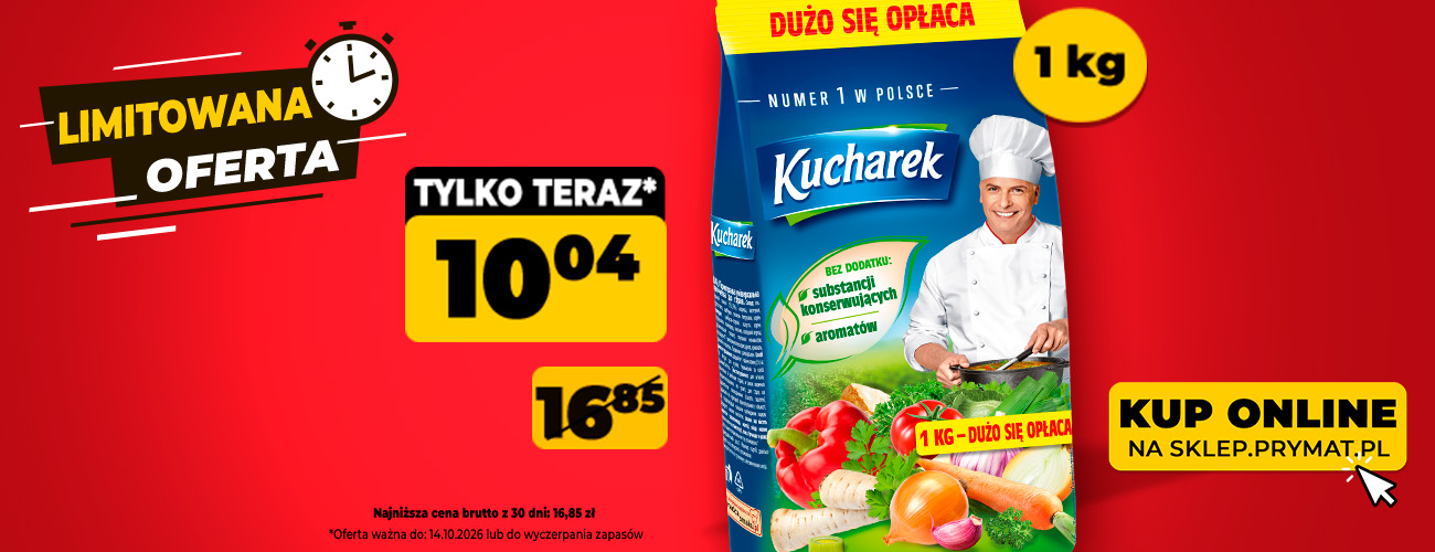 Przyprawa do potraw Kucharek 1 kg, teraz: 10,04 zł (przed obniżką: 16,85 zł). Tylko do 14.10.2026 lub wyczerpania zapasów. Kup online.