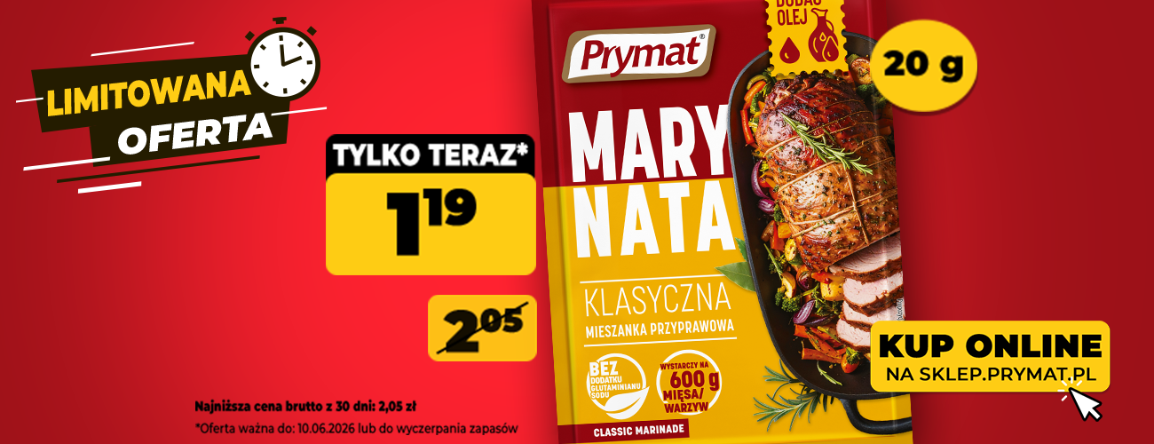 Marynata do mięs klasyczna Prymat 20 g, teraz: 1,19 zł (przed obniżką: 2,05 zł). Tylko do 10.06.2026 lub wyczerpania zapasów. Kup online.
