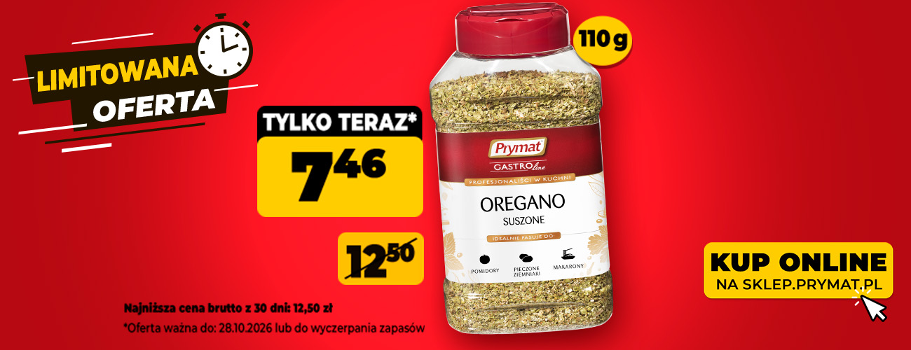 Oregano suszone Prymat GastroLine 110 g, teraz: 7,46 zł (przed obniżką: 12,50 zł). Tylko do 28.10.2026 lub wyczerpania zapasów. Kup online.