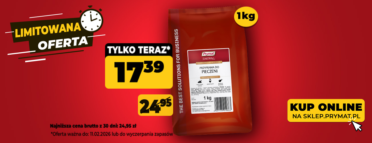 Przyprawa do pieczeni Prymat GastroLine 1 kg, teraz: 17,39 zł (przed obniżką: 24,95 zł). Tylko do 11.02.2026 lub wyczerpania zapas&oacute;w. Kup online.