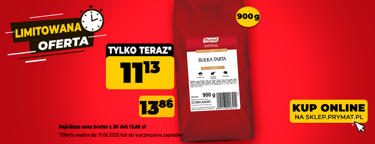 Bułka tarta 900 g Prymat GastroLine, w promocji: 11,13 zł (wcześniej: 13,86 zł). Tylko do 11.06.2025
