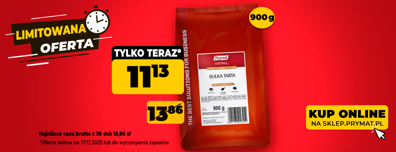 Bułka tarta Prymat GastroLine 900 g, teraz: 11,13 zł (przed obniżką: 13,86 zł). Tylko do 17.12.2025 lub wyczerpania zapasów. Kup online.