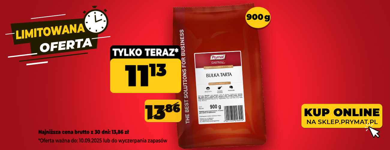 Bułka tarta Prymat GastroLine 900 g teraz: 11,13 zł (przed obniżką: 13,86 zł) Tylko do 10.09.2025 lub wyczerpania zapasów. Kup online.