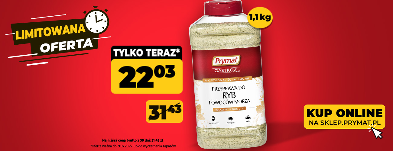  Przyprawa do ryb i owoców morza Prymat GastroLine 900 g, teraz: 22,03 zł (przed obniżką: 31,43 zł). Tylko do 9.07.2025 lub wyczerpania zapasów. Kup online.