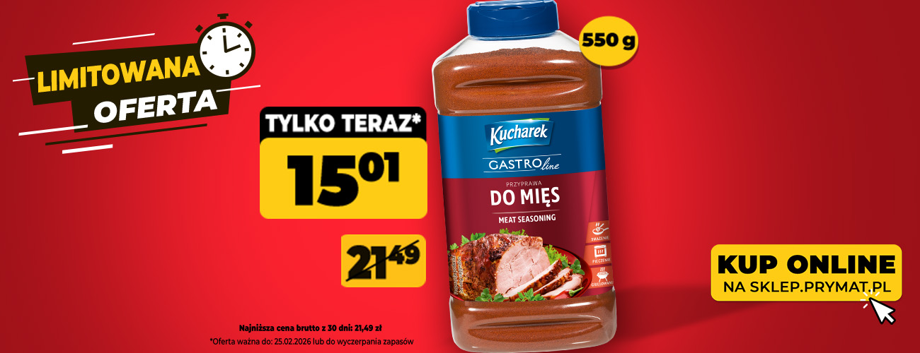Przyprawa do mięs Kucharek GastroLine 550 g, teraz: 15,01 zł (przed obniżką: 21,49 zł). Tylko do 25.02.2026 lub wyczerpania zapasów. Kup online.