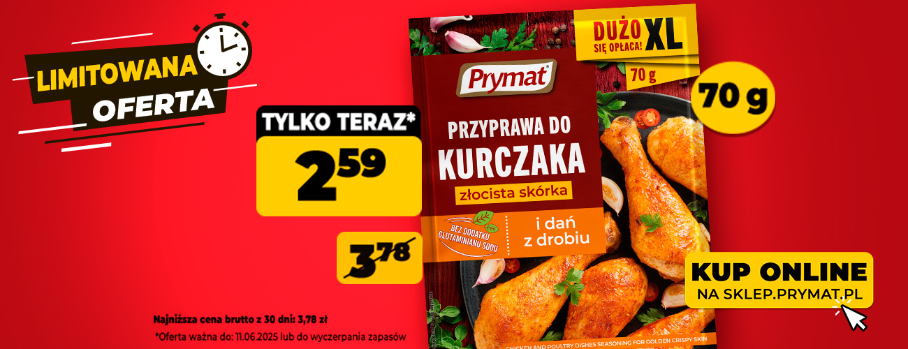Przyprawa do kurczaka złocista skórka 70 g Prymat, w promocji: 2,59 zł (wcześniej: 3,78 zł). Tylko do 11.06.2025