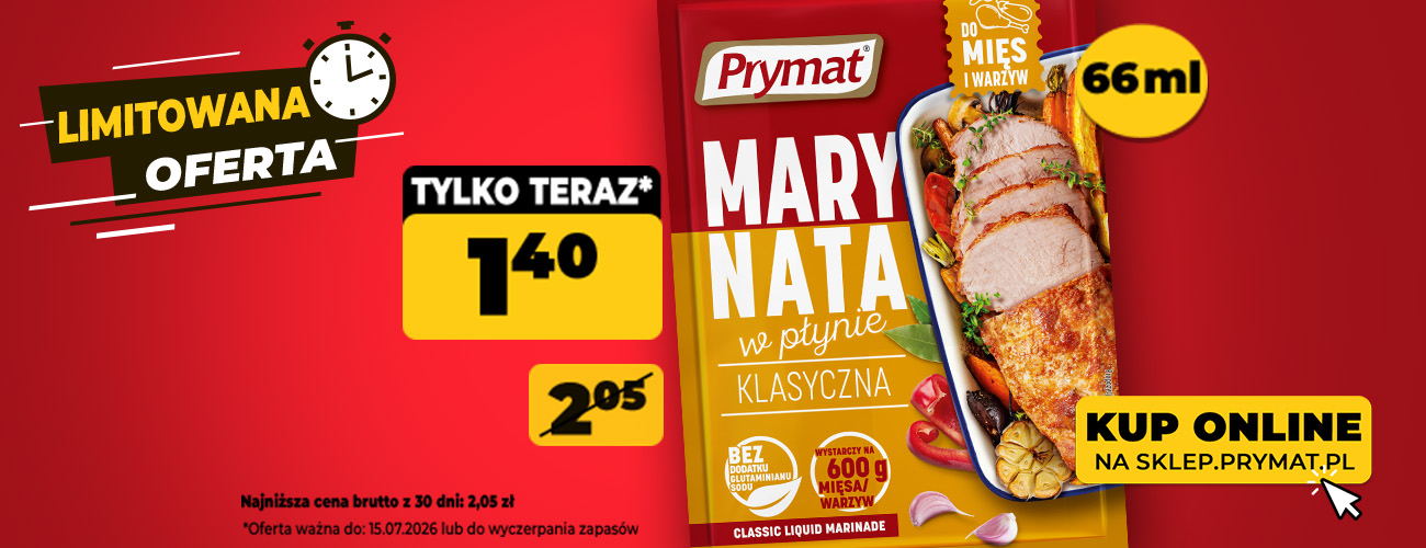 Marynata w płynie klasyczna Prymat 66 ml, teraz: 1,40 zł (przed obniżką: 2,05 zł). Tylko do 15.07.2026 lub wyczerpania zapasów. Kup online.