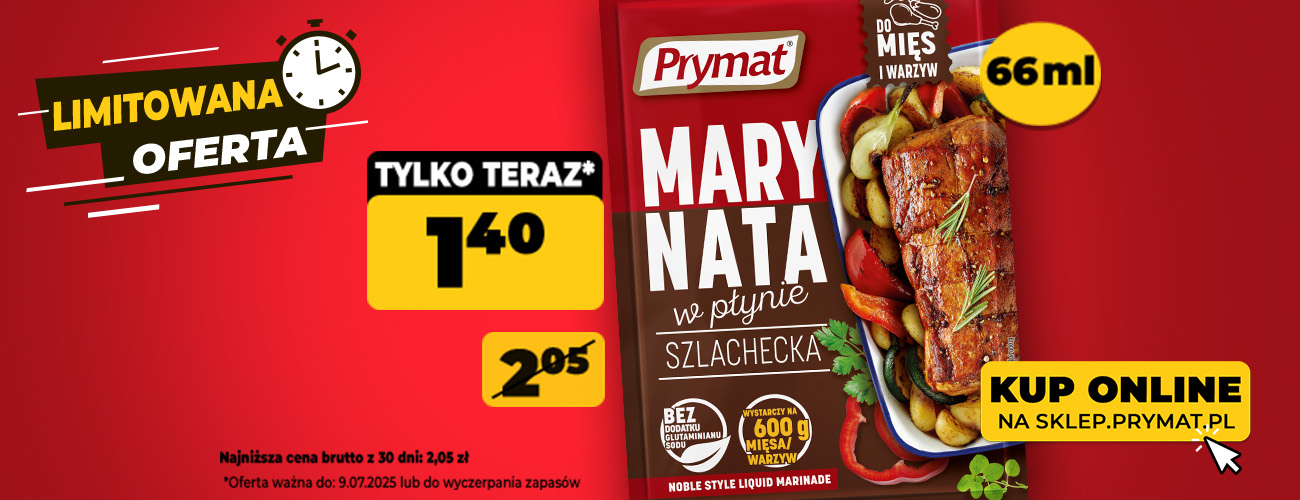 Marynata w płynie szlachecka Prymat 66 ml, teraz: 1,40 zł (przed obniżką: 2,05 zł). Tylko do 9.07.2025 lub wyczerpania zapasów. Kup online.
