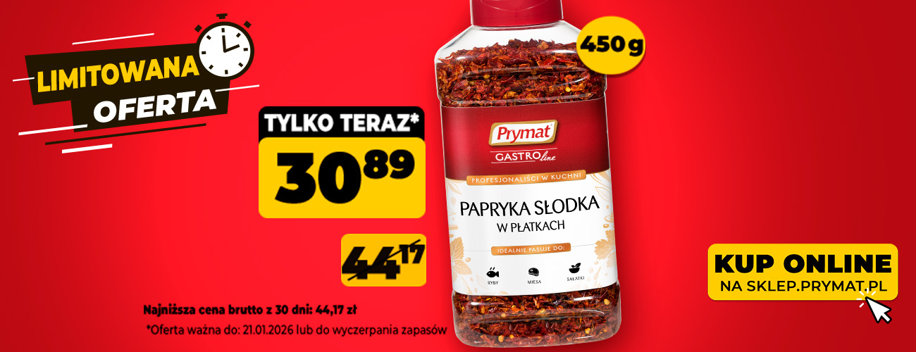 Papryka słodka w płatkach Prymat GastroLine 450 g, teraz: 30,89 zł (przed obniżką: 44,17 zł). Tylko do 21.01.2026 lub wyczerpania zapas&oacute;w. Kup online.