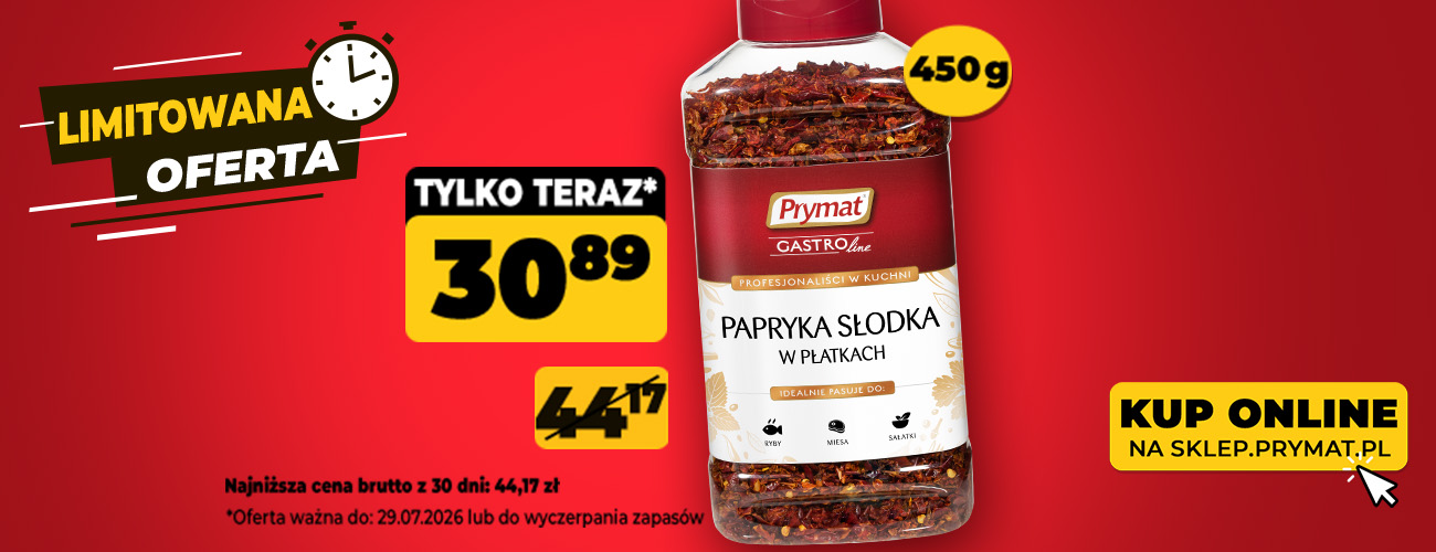Papryka słodka w płatkach Prymat GastroLine 450 g, teraz: 30,89 zł (przed obniżką: 44,17 zł). Tylko do 29.07.2026 lub wyczerpania zapas&oacute;w. Kup online.