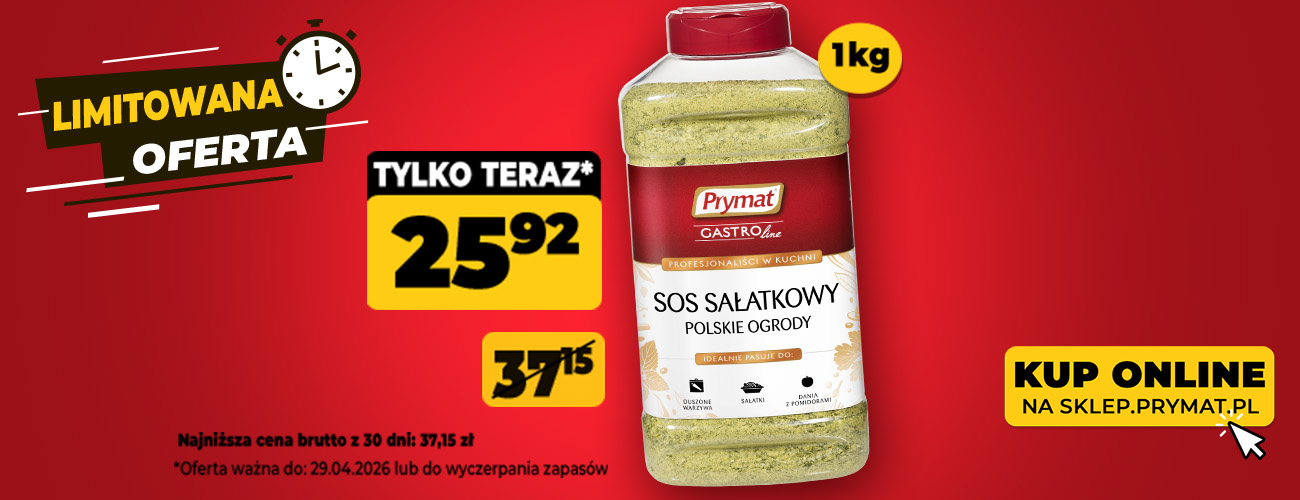 Sos sałatkowy Polskie Ogrody Prymat GastroLine 1 kg, teraz: 37,15 zł (przed obniżką: 25,92 zł). Tylko do 29.04.2026 lub wyczerpania zapas&oacute;w. Kup online.