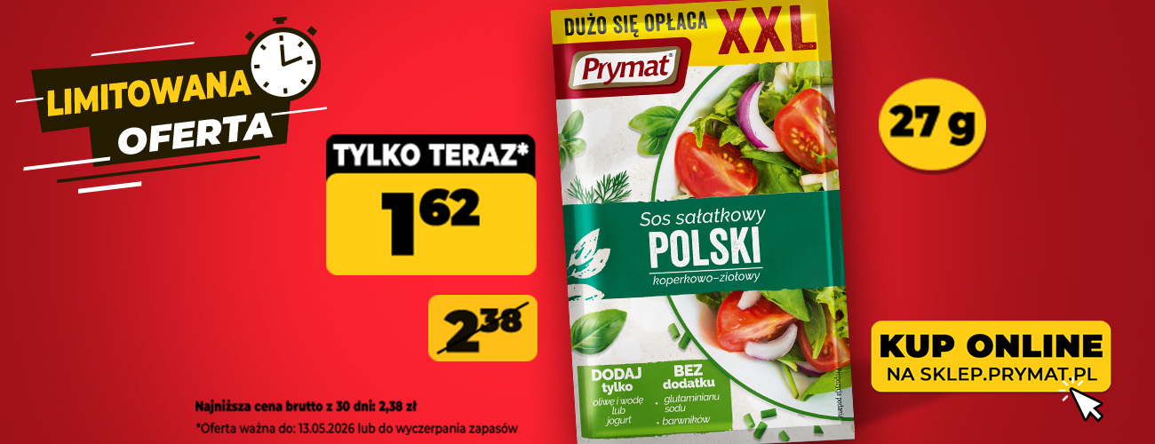 Sos sałatkowy polski koperkowo-ziołowy XXL Prymat 27 g, teraz: 1,62 zł (przed obniżką: 2,38 zł). Tylko do 13.05.2026 lub wyczerpania zapas&oacute;w. Kup online.