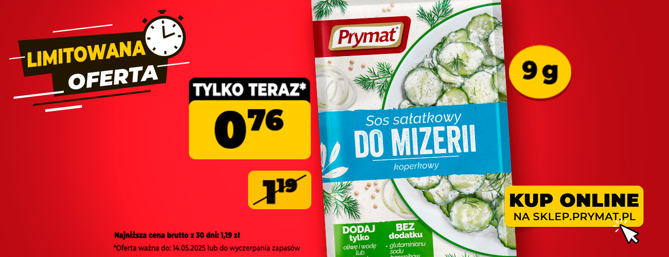 Sos sałatkowy do mizerii 9 g, teraz taniej: 0,76 zł (przed obniżką: 1,19 zł). Oferta ważna do 14.05.2025