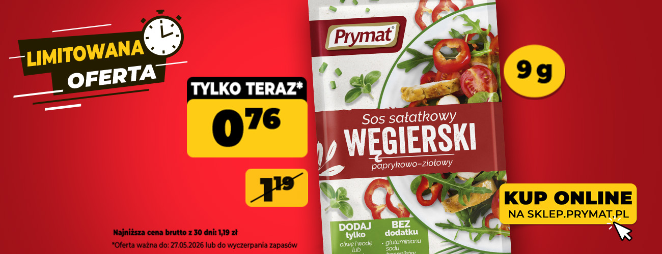 Sos sałatkowy węgierski paprykowo-ziołowy Prymat 9 g, teraz: 0,76 zł (przed obniżką: 1,19 zł). Tylko do 27.05.2026 lub wyczerpania zapas&oacute;w. Kup online.