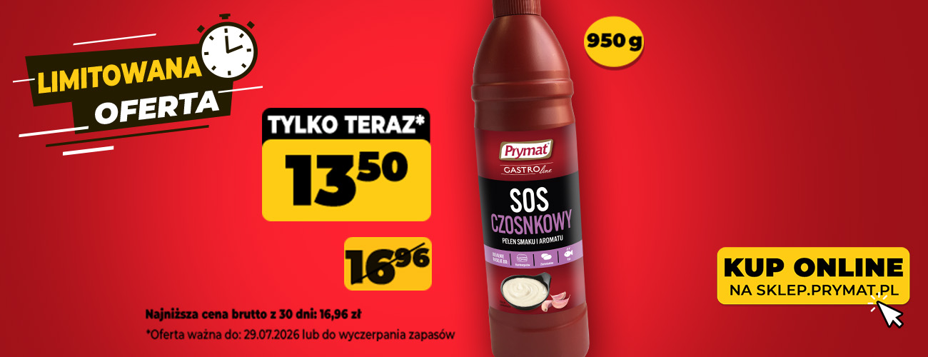 Sos czosnkowy Prymat GastroLine 950 g, teraz: 13,50 zł (przed obniżką: 16,96 zł). Tylko do 29.07.2026 lub wyczerpania zapasów. Kup online.