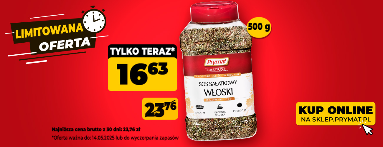 Sos sałatkowy włoski 500 g, tylko teraz 16,63 zł (przed obniżką: 23,76 zł). Oferta ważna do 14.05.