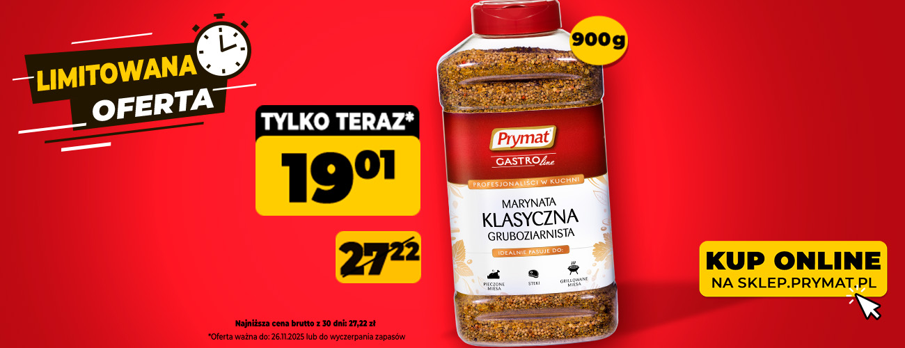  Marynata klasyczna gruboziarnista Prymat GastroLine 900 g, teraz: 19,01zł (przed obniżką: 27,22 zł). Tylko do 26.11.2025 lub wyczerpania zapasów. Kup online.
