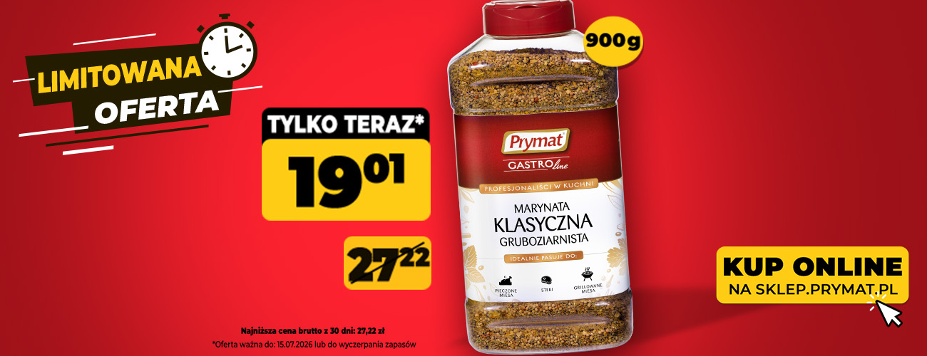 Marynata klasyczna gruboziarnista Prymat GastroLine 900 g, teraz: 19,01 zł (przed obniżką: 27,22 zł). Tylko do 15.07.2026 lub wyczerpania zapas&oacute;w. Kup online.