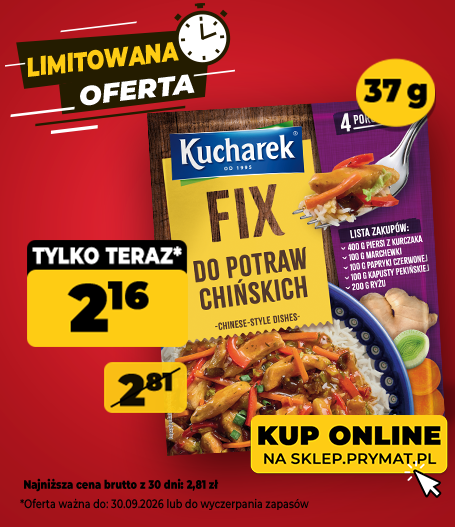 FIX do potraw chińskich Kucharek 37 g, teraz: 2,16 zł (przed obniżką: 2,81 zł). Tylko do 30.09.2026 lub wyczerpania zapas&oacute;w. Kup online.