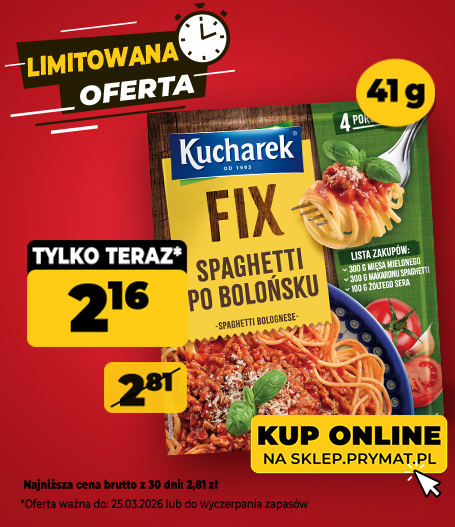 FIX Spaghetti po bolońsku Kucharek 41 g, teraz: 2,16 zł (przed obniżką: 2,81 zł). Tylko do 25.03.2026 lub wyczerpania zapas&oacute;w. Kup online.