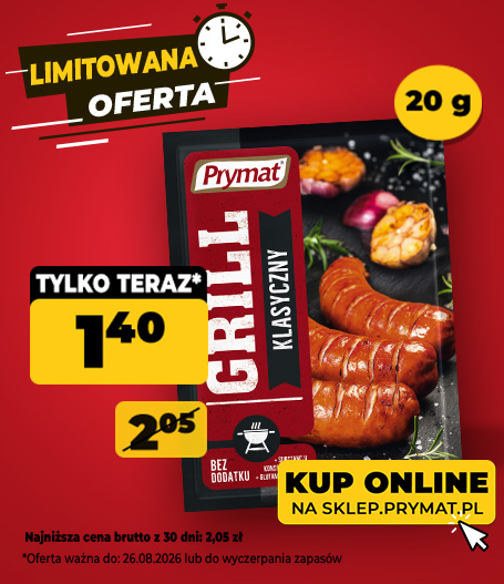 Grill przyprawa klasyczna Prymat 20 g, teraz: 1,40 zł (przed obniżką: 2,05 zł). Tylko do 26.08.2026 lub wyczerpania zapas&oacute;w. Kup online.