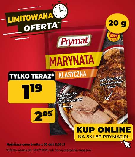 Marynata do mięs klasyczna Prymat 20 g, teraz: 1,19 (przed obniżką: 2,05 zł). Tylko do 30.07.2025 lub wyczerpania zapasów. Kup online.