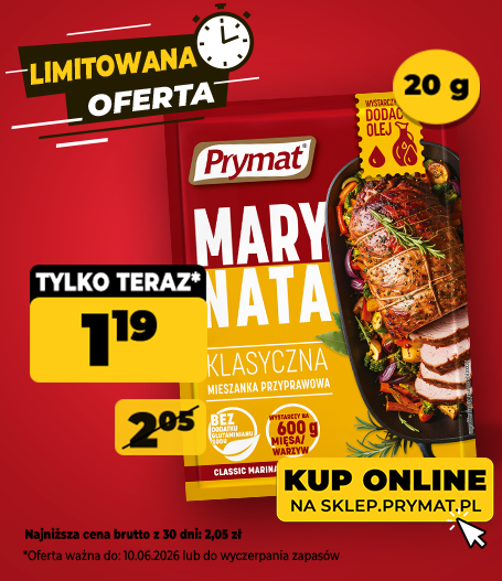 Marynata do mięs klasyczna Prymat 20 g, teraz: 1,19 zł (przed obniżką: 2,05 zł). Tylko do 10.06.2026 lub wyczerpania zapas&oacute;w. Kup online.