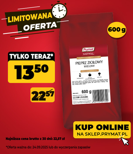 Pieprz ziołowy mielony Prymat GastroLine 600 g, teraz: 13,50 zł (przed obniżką: 22,57 zł). Tylko do 24.09.2025 lub wyczerpania zapasów. Kup online.