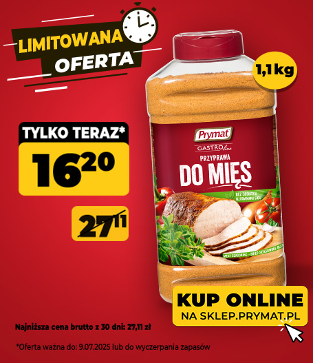 Przyprawa do mięs Prymat GastroLine 1,1 kg, teraz: 16.20 (przed obniżką: 27,11 zł). Tylko do 9.07.2025 lub wyczerpania zapasów. Kup online.