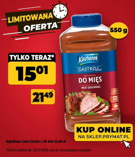 Przyprawa do mięs Kucharek GastroLine 550 g, teraz: 15,01 (przed obniżką: 27,49 zł). Tylko do 30.07.2025 lub wyczerpania zapasów. Kup online.