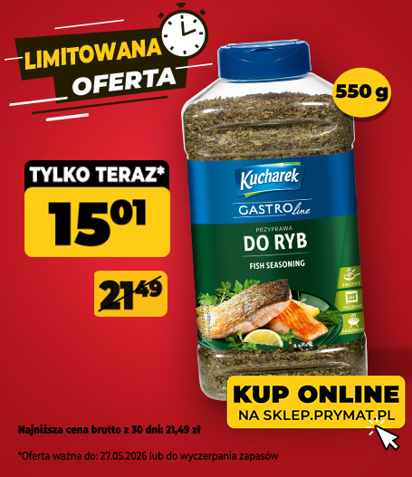 Przyprawa do ryb Kucharek GastroLine 550 g, teraz: 15,01 zł (przed obniżką: 21,49 zł). Tylko do 27.05.2026 lub wyczerpania zapas&oacute;w. Kup online.