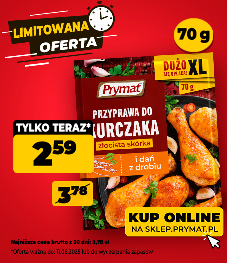 Przyprawa do kurczaka złocista skórka 70 g Prymat, w promocji: 2,59 zł (wcześniej: 3,78 zł). Tylko do 11.06.2025