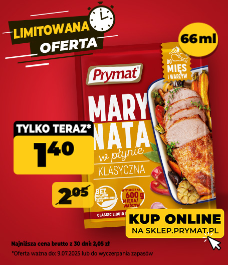 Marynata w płynie klasyczna Prymat 66 ml, teraz: 1,40 zł (przed obniżką: 2,05 zł). Tylko do 9.07.2025 lub wyczerpania zapasów. Kup online.