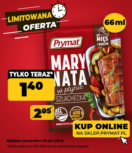  Marynata w płynie szlachecka Prymat 66 ml, teraz: 1,40 zł (przed obniżką: 2,05 zł). Tylko do 9.07.2025 lub wyczerpania zapasów. Kup online.