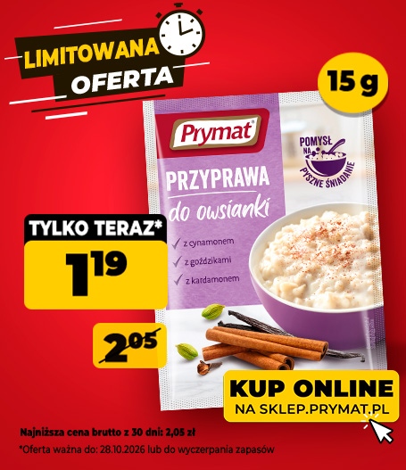 Przyprawa do owsianki Prymat 15 g, teraz: 1,19 zł (przed obniżką: 2,05 zł). Tylko do 28.10.2026 lub wyczerpania zapasów. Kup online.